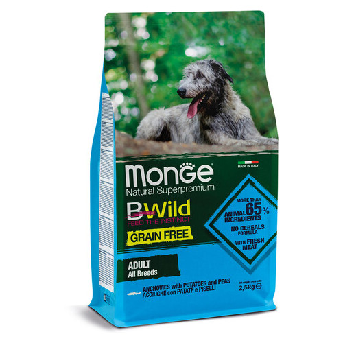 Беззерновий сухий корм для дорослих собак усіх порід з анчоусом Monge Bwild Adult 2,5 кг фото №1
