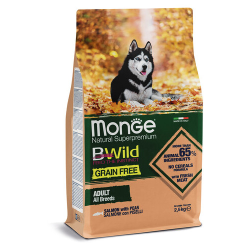 Беззерновий сухий корм для дорослих собак усіх порід із лососем Monge Bwild Adult 2,5 кг фото №1