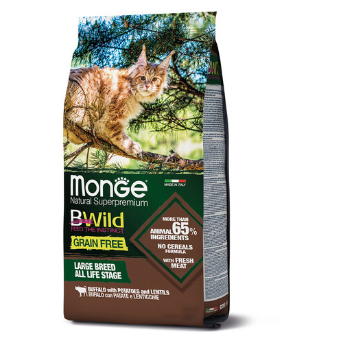 Беззерновий сухий корм для дорослих кішок великих порід з 2-х місяців з буйволом Monge Bwild Cat 1,5 кг фото №1