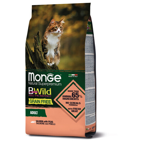 Беззерновий сухий корм для дорослих кішок з лососем Monge Bwild Cat 1,5 кг фото №2