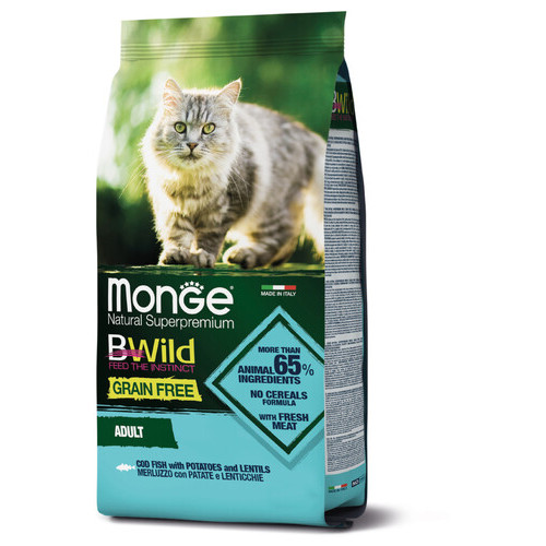 Беззерновий сухий корм для дорослих кішок з тріскою Monge Bwild Cat 1,5 кг фото №2