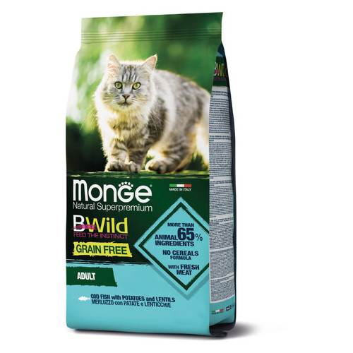 Беззерновий сухий корм для дорослих кішок з тріскою Monge Bwild Cat 1,5 кг фото №1