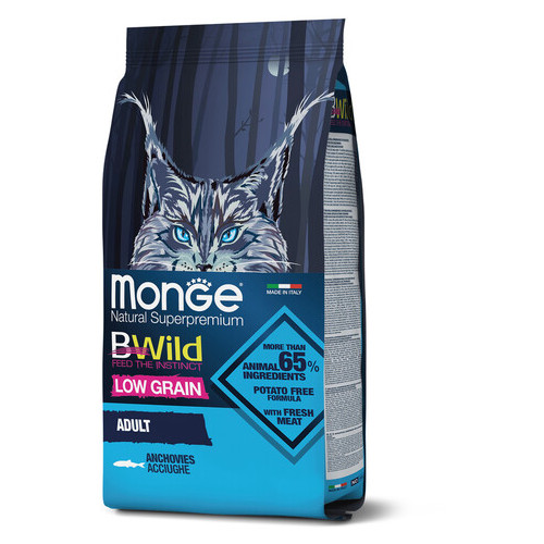 Низкозерновой сухой корм Monge Bwild Cat Low Grain для взрослых кошек с анчоусами 1,5 кг фото №1