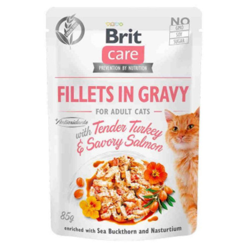 Вологий корм для кішок Brit Care Cat pouch 85 г (ніжна індичка та пікантний лосось у соусі) (8595602540501) фото №1