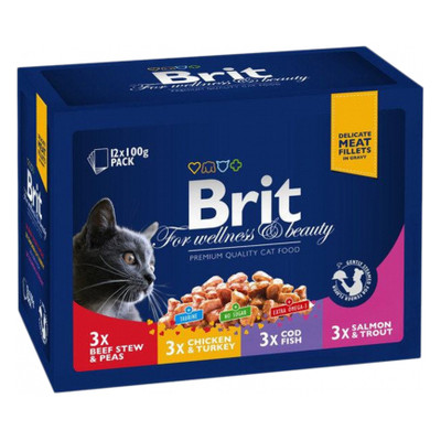 Вологий корм для котів Brit Premium Cat сімейна тарілка асорті 4 смаки 100 г х 12 шт (8595602506255) фото №1