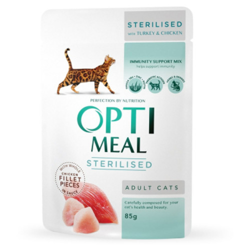 Вологий корм для кішок Optimeal для стерилізованих з індичкою та курячим філе в соусі 85 г (4820083906015) фото №1