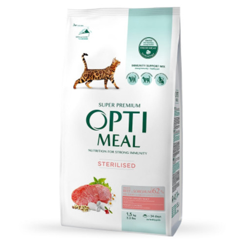Сухий корм для кішок Optimeal для стерилізованих/кастрованих з яловичиною та сорго 1.5 к (4820215364652) фото №1