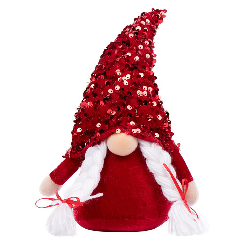 Новорічна м'яка іграшка Новогодько Гном Дівчинка, червона паєтка, 29 см LED (973921) фото №1