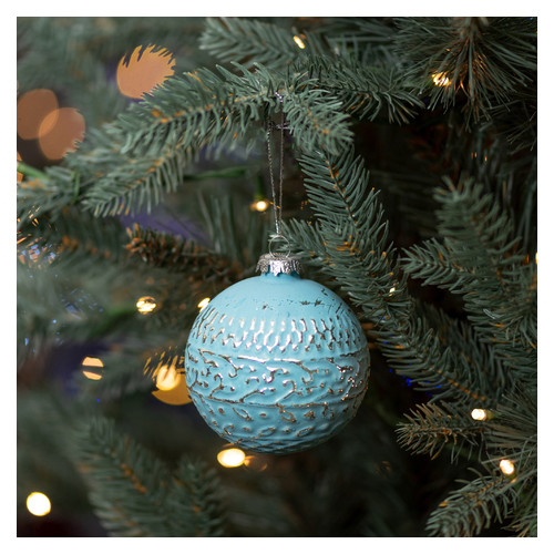 Новорічна куля Новорічко скло, 8 см, блакитний, матовий, орнамент (973850) фото №2