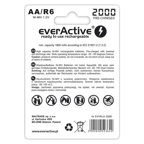 Акумулятор everActive EVHRL6-2000 AA/(HR6) 2000mAh LSD Ni-MH 4шт фото №2