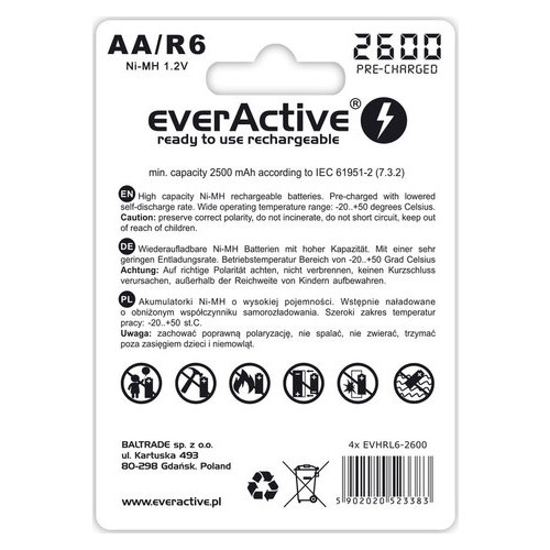 Акумулятор everActive EVHRL6-2600 AA/(HR6) 2600mAh LSD Ni-MH 4шт фото №2