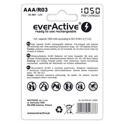 Акумулятор everActive EVHRL03-1050, AAA/(R03), 1050mAh, LSD Ni-MH, блістер 4шт фото №2