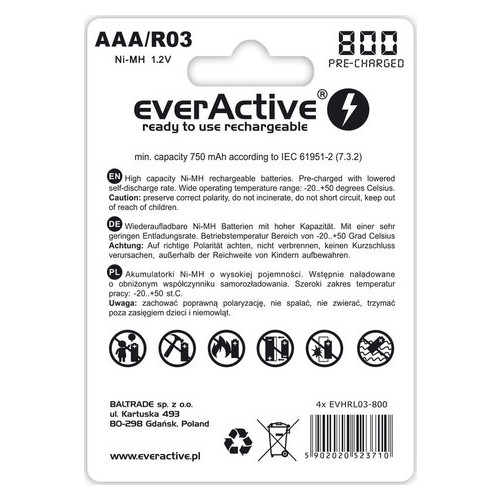 Акумулятор everActive EVHRL03-800, AAA/(R03), 800mAh, LSD Ni-MH, блістер 4шт фото №2