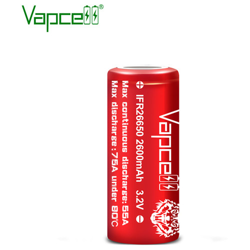 Аккумулятор 26650 Литий-железо-фосфатный (LiFePO4) Vapcell IFR26650, 2600mAh, 55A, 3.6/3.2/2.0V, Red фото №1