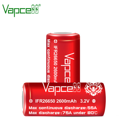Аккумулятор 26650 Литий-железо-фосфатный (LiFePO4) Vapcell IFR26650, 2600mAh, 55A, 3.6/3.2/2.0V, Red фото №2