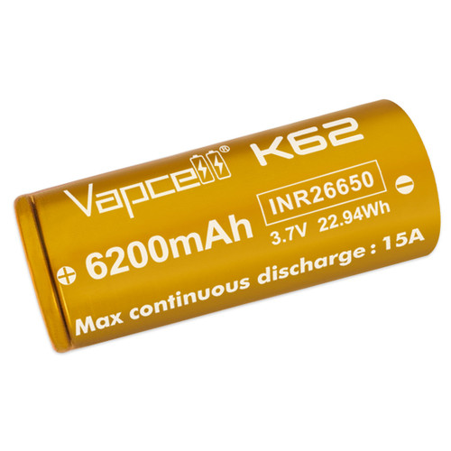 Акумулятор 26650 літій-іонний (Li-Ion) Vapcell INR26650 K62, 6200mAh, 15A, 4.2/3.6/2.5V, Gold фото №1