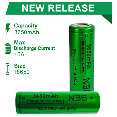 Акумулятор 18650 літій-іонний (Li-Ion) Vapcell INR18650 N36, 3650mAh, 8A, 4.2/3.6/2.5V, Green фото №3