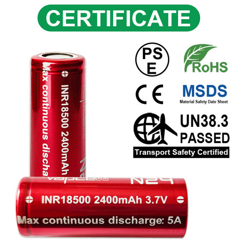 Акумулятор 18500 літій-іонний (Li-Ion) Vapcell INR18500 N24, 2400mAh, 5A, 4.2/3.6/2.5V, Red фото №6