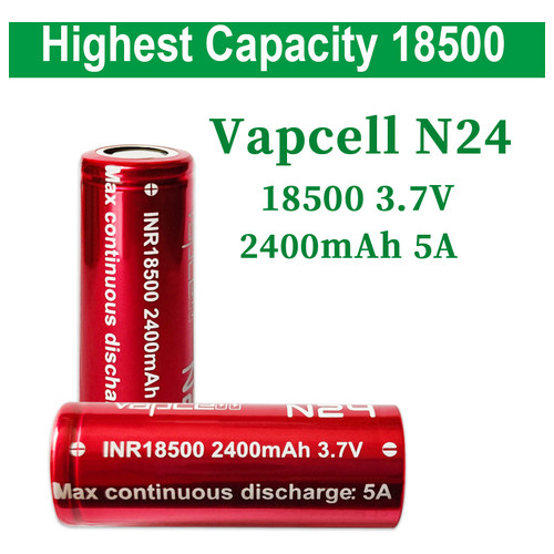 Акумулятор 18500 літій-іонний (Li-Ion) Vapcell INR18500 N24, 2400mAh, 5A, 4.2/3.6/2.5V, Red фото №3