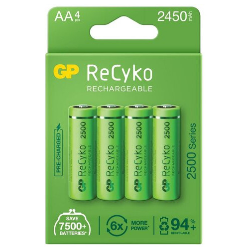 Акумулятор GP Recyko 2500 (GP250AAHC-2EB4), AA, 2450mAh, 7.2A, Ni-MH LSD80-1, картонний бокс 4шт фото №1