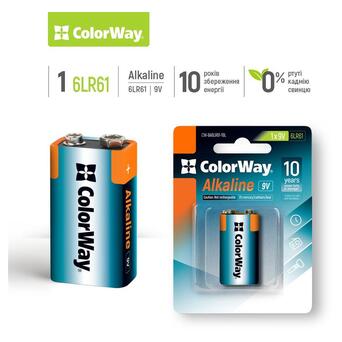 Батарейка ColorWay Alkaline Power Krona/6LR61 BL 1шт фото №2