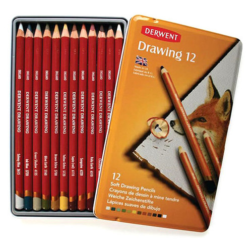 Набір восково-олійних олівців Derwent Drawing 12 кольорів металевий пенал (5028252147576) фото №1
