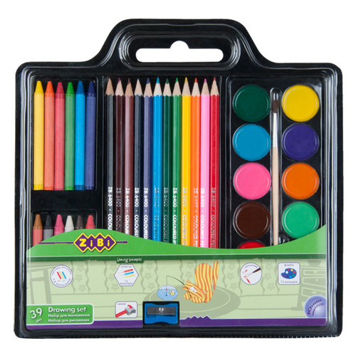 Набір ZiBi для малювання (фарби, кольорові олівці, крейда воскова, Пензель ZiBi натуральна, точилка) (ZB.6400) фото №1