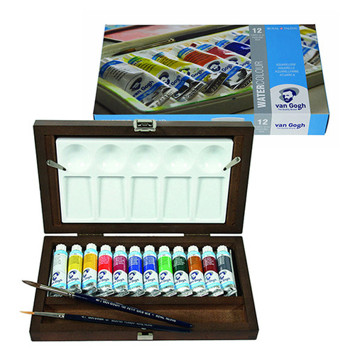 Набор акварельных красок Royal Talens Van Gogh 12 цвета + кисти 2 шт + палитра деревянный пенал (8712079048914) фото №1