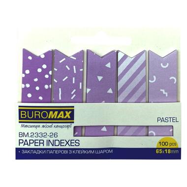 Закладки паперові BUROMAX PASTEL з клейким шаром 65x18 мм 100 аркушів бузкові фото №1