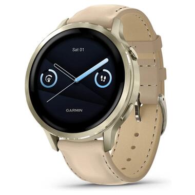 Смарт-часы Garmin Venu 4 (41mm), Beige w/ Lunar Gold + Leather, GPS (010-03013-03) фото №1