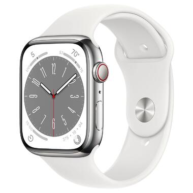 Смарт-годинник Apple Watch Series 8 GPS Cellular 45mm Smart Watch w/Silver Stainless Steel Case with White Sport Band - S/M (MNVV3) фото №1