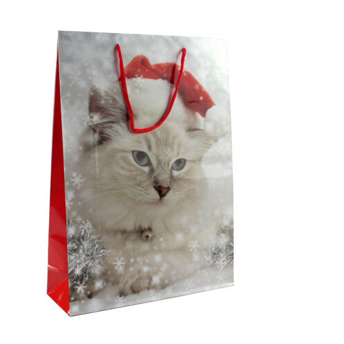 Пакет паперовий Білий кіт у шапці, 25 х 8,5 х 34,5 см фото №1