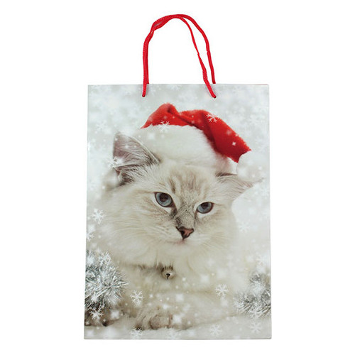 Пакет паперовий Білий кіт у шапці, 25 х 8,5 х 34,5 см фото №2