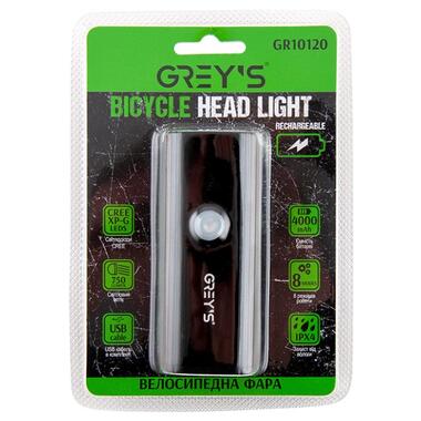 Ліхтарик на велосипед Greys LED 8 режимів роботи, IPX4 microUSB GR10120 фото №3