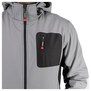 Куртка SOFTSHELL світло сіро-чорна, з капюшоном, тришарова, тканина стрейч 300 GSM 100D з водо-, вітрозахистом, розмір L INTERTOOL SP-3123 фото №4