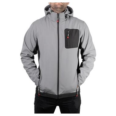 Куртка SOFTSHELL світло сіро-чорна, з капюшоном, тришарова, тканина стрейч 300 GSM 100D з водо-, вітрозахистом, розмір L INTERTOOL SP-3123 фото №3
