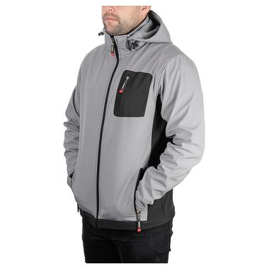 Куртка SOFTSHELL світло сіро-чорна, з капюшоном, тришарова, тканина стрейч 300 GSM 100D з водо-, вітрозахистом, розмір L INTERTOOL SP-3123 фото №2