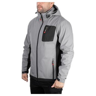 Куртка SOFTSHELL світло сіро-чорна, з капюшоном, тришарова, тканина стрейч 300 GSM 100D з водо-, вітрозахистом, розмір L INTERTOOL SP-3123 фото №1