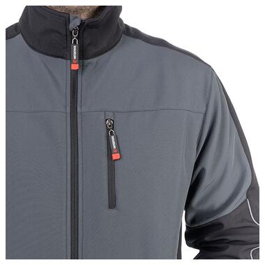 Куртка SOFTSHELL темно сіра-чорна, тришарова, тканина стрейч 300 GSM 100D з водо-, вітрозахистом, розмір М INTERTOOL SP-3132 фото №4
