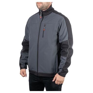 Куртка SOFTSHELL темно сіро-чорна, тришарова, тканина стрейч 300 GSM 100D з водо-, вітрозахистом, розмір L INTERTOOL SP-3133 фото №1