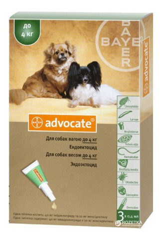 Капли Bayer Адвокат от заражений эндо и экто паразитами для собак до 4 кг 3 пипетки (4007221037408) фото №1