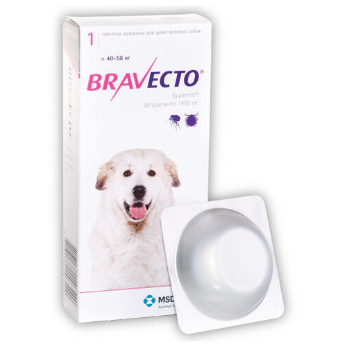 Жевательная таблетка Bravecto от блох и клещей для собак гигантских пород от 40 до 56 кг, 1400 мг 114819 фото №1