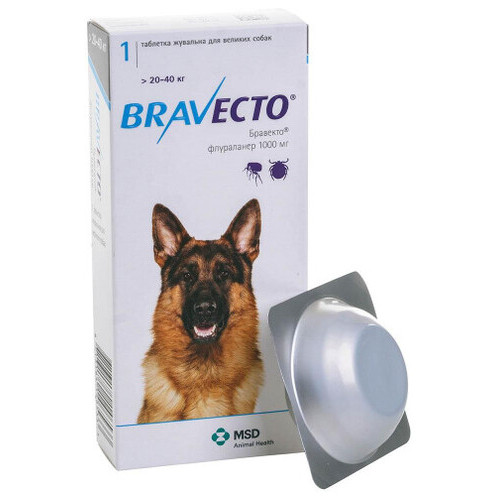 Жевательная таблетка Bravecto от блох и клещей для собак крупных пород от 20 до 40 кг, 1000 мг 114904 фото №2