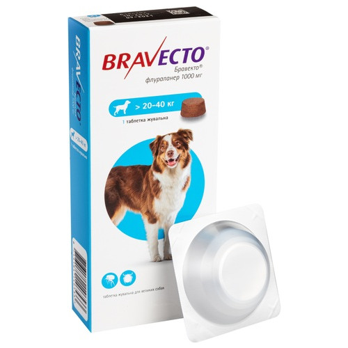 Жевательная таблетка Bravecto от блох и клещей для собак крупных пород от 20 до 40 кг, 1000 мг 114904 фото №3