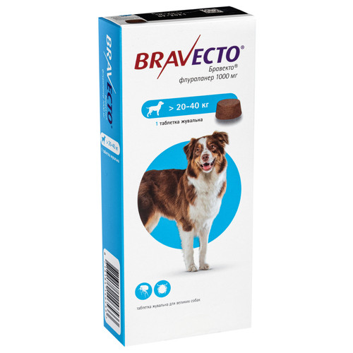 Жевательная таблетка Bravecto от блох и клещей для собак крупных пород от 20 до 40 кг, 1000 мг 114904 фото №1