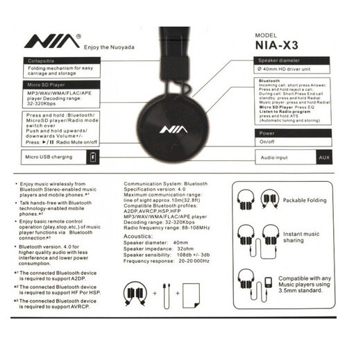 Бездротові навушники с MP3 плеером NIA-X3, Чёрный фото №3