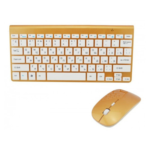 Клавиатура русская беспроводная mini и мышь keyboard 908 + приемник Золотая фото №1