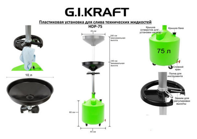 Установка для зливу олії пластикова GIKraft 75л (HDP-75) фото №2