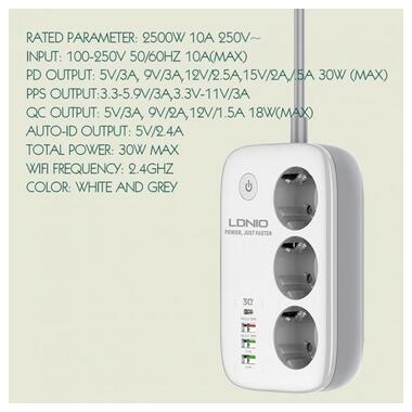 Подовжувач мережевий LDNIO c Wi-Fi SEW3452 |3USB/1Type-C, 3Sockets. QC/PD, 30W/10A, 2m EU Plug| білий фото №6