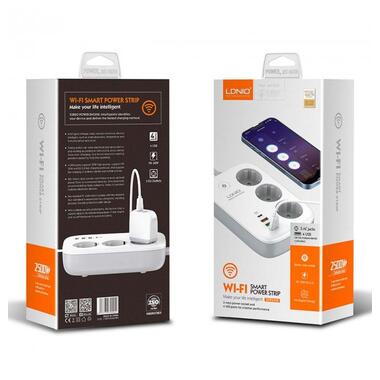 Подовжувач мережевий LDNIO c Wi-Fi SEW3452 |3USB/1Type-C, 3Sockets. QC/PD, 30W/10A, 2m EU Plug| білий фото №14